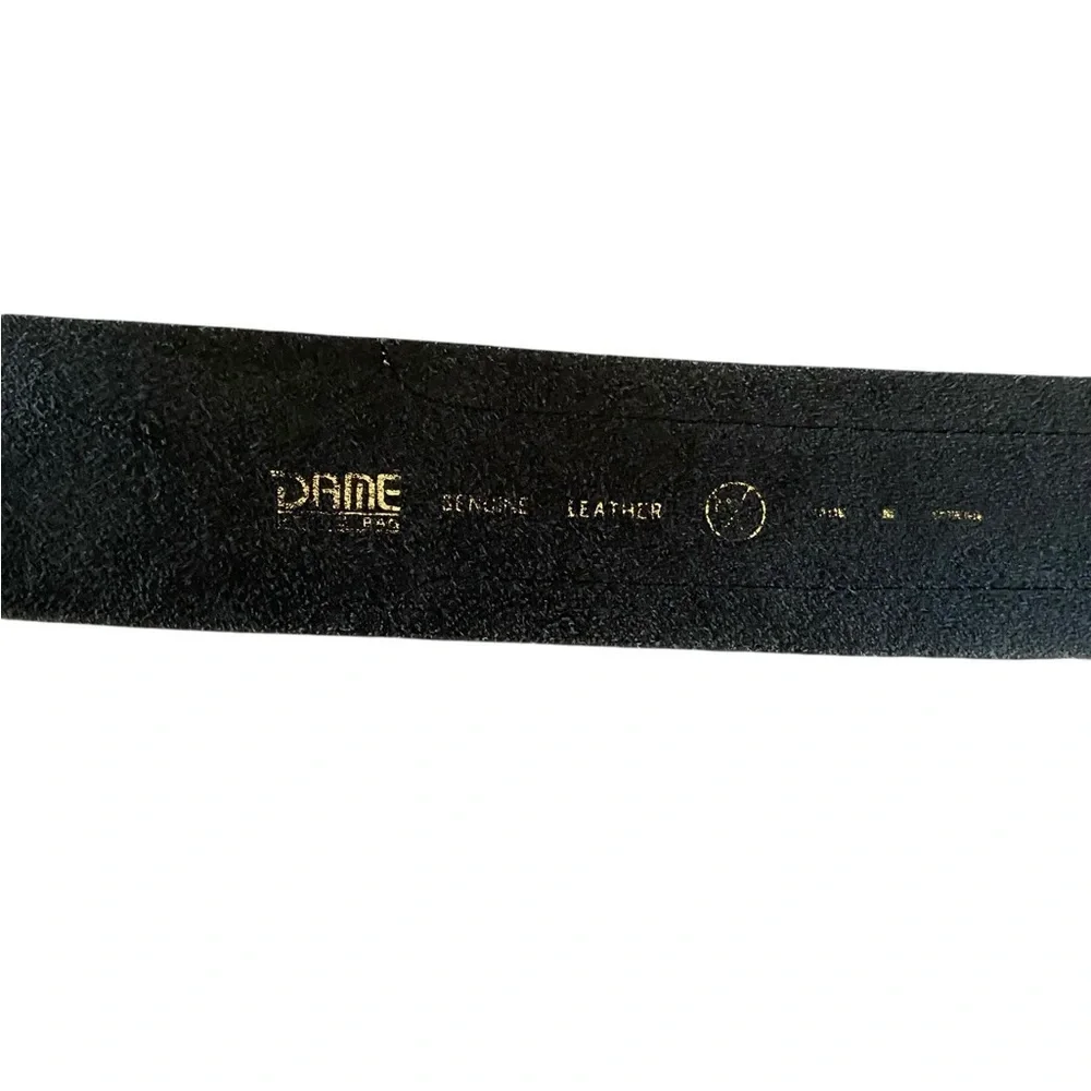 Vintage Dame Black Authentic Leather Belt white stitching Brass gold Buckle